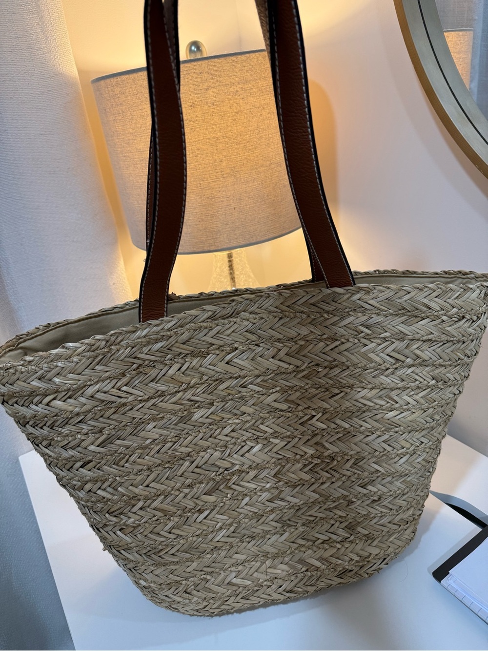 Universal Thread Natural Straw Tote with Brown Leather Pocket and Straps - Picture 2 of 7